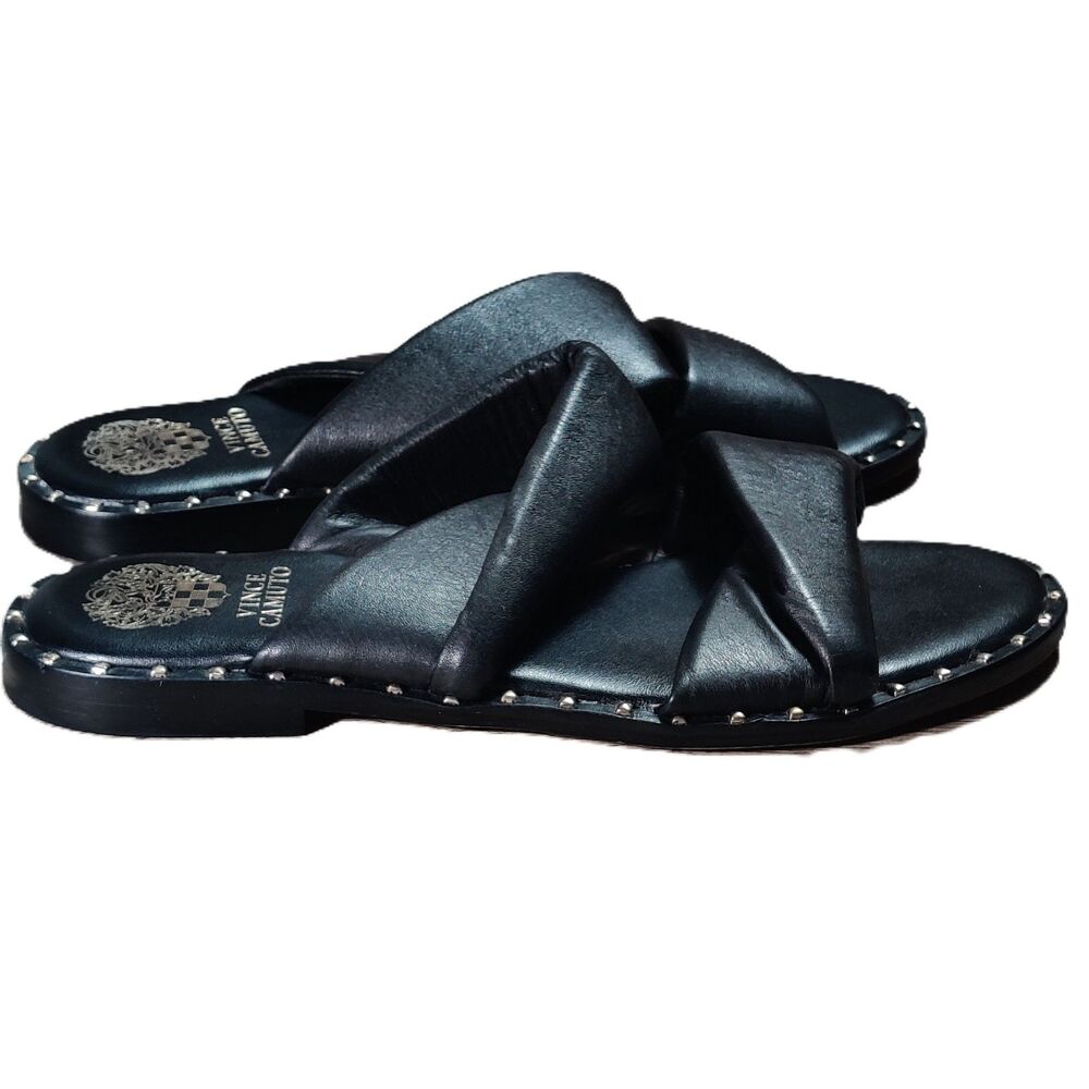 Vince Camuto Womens Size 7M Black Leather Studded Cross Strap Slide Sandals